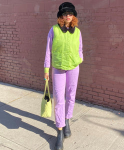 Thrifted and styled OOTD purple jumpsuit green vest tagged on Instagram @thatcurlytop