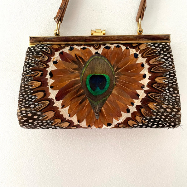 SOLD 60’s Peacock Pheasant Feather Handbag