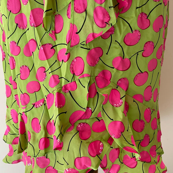 SOLD Y2K Lime Green Silk Skirt with Pink Cherry Print