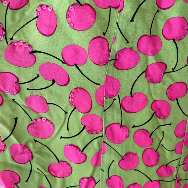SOLD Y2K Lime Green Silk Skirt with Pink Cherry Print