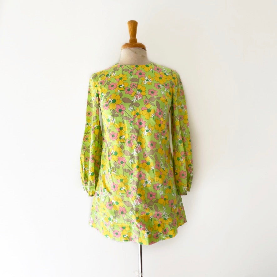 60's Flower Power Print Long Sleeve Mini Dress  Unearth Vintage
